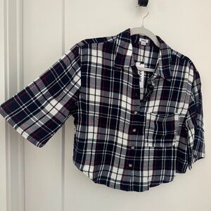 Americana Red, White & Blue Button Down Cropped Shirt Classic Plaid